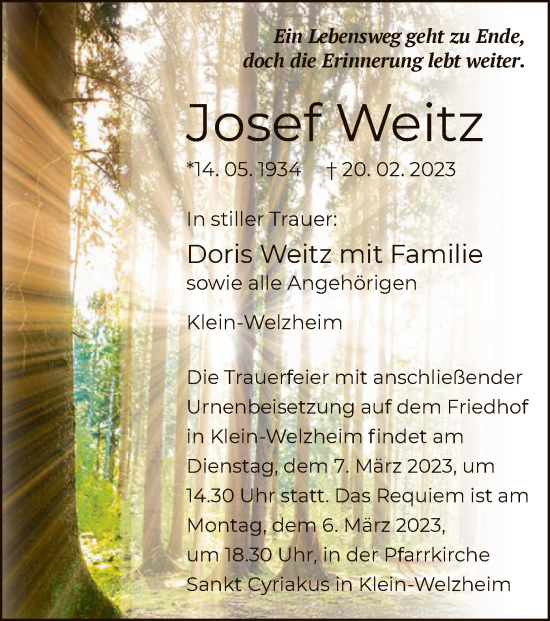 Traueranzeige von Josef Weitz von OF