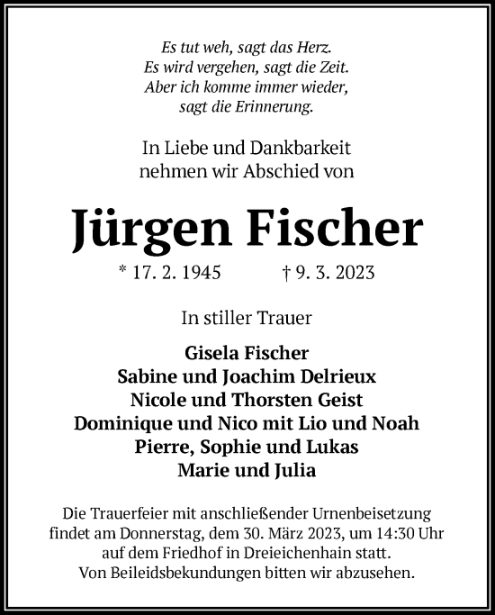 Traueranzeige von Jürgen Fischer von OF