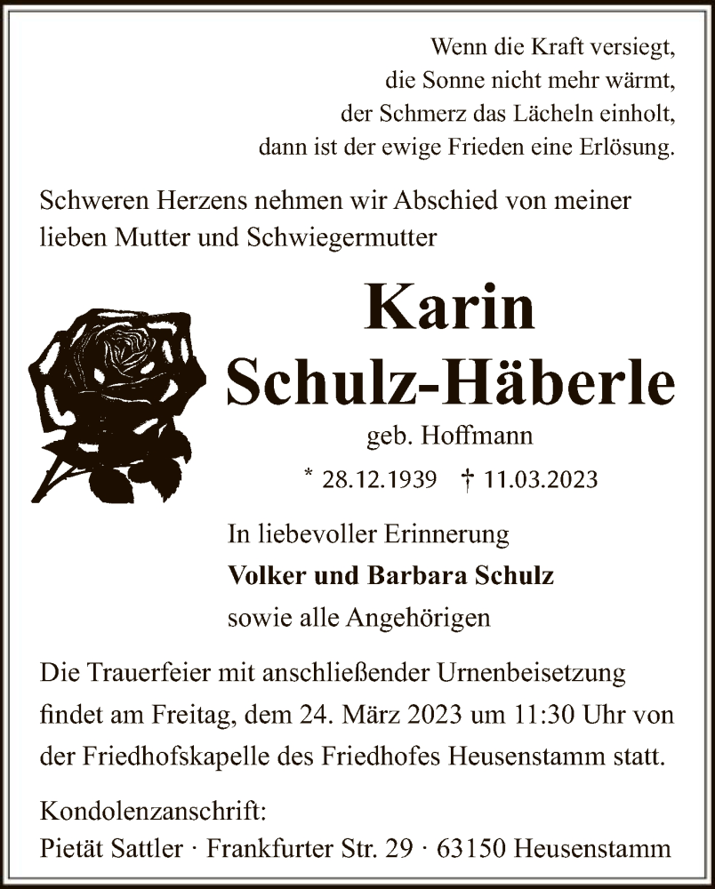  Traueranzeige für Karin Schulz-Häberle vom 22.03.2023 aus OF