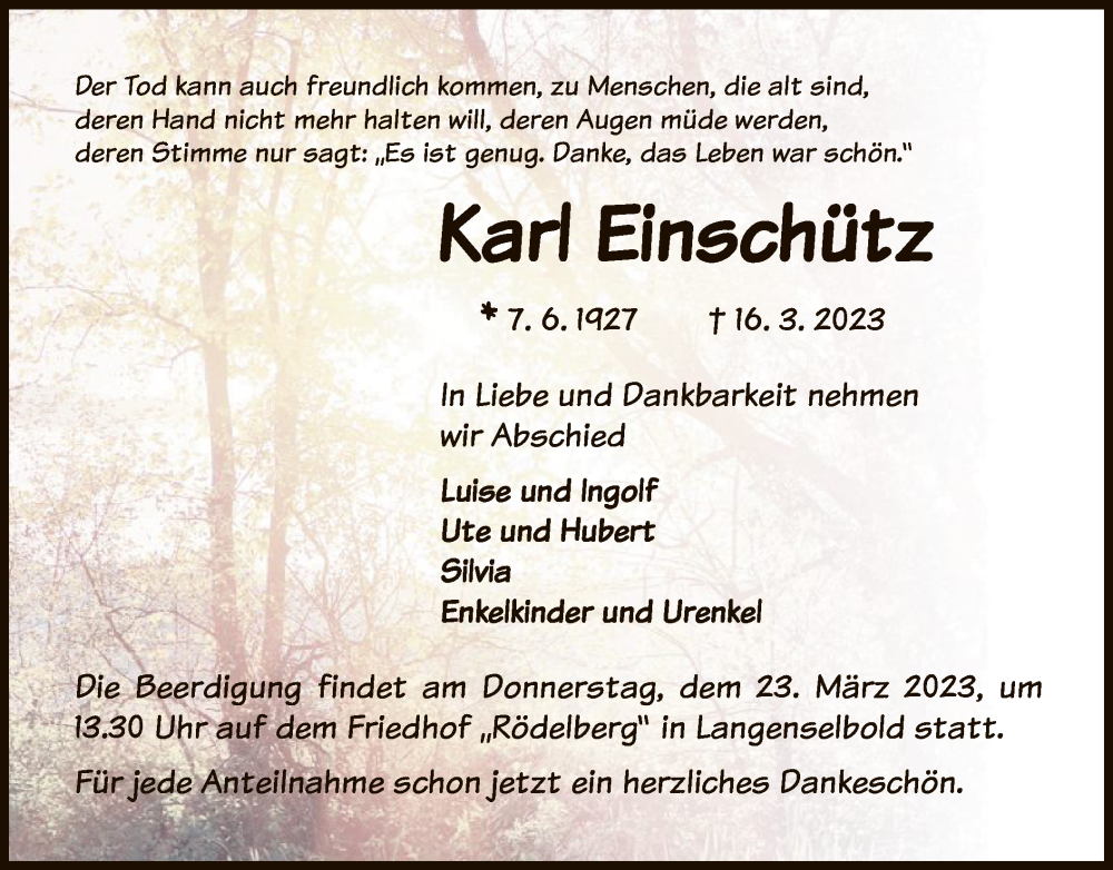  Traueranzeige für Karl Einschütz vom 18.03.2023 aus OF