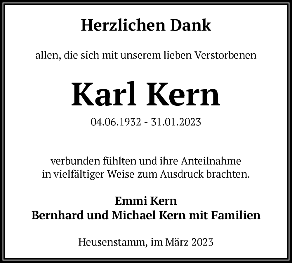  Traueranzeige für Karl Kern vom 15.03.2023 aus OF