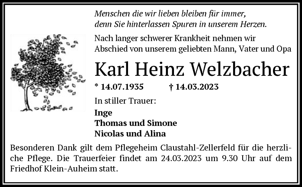  Traueranzeige für Karl Heinz Welzbacher vom 23.03.2023 aus OF
