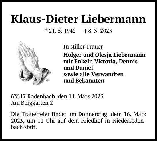 Traueranzeige von Klaus-Dieter Liebermann von OF