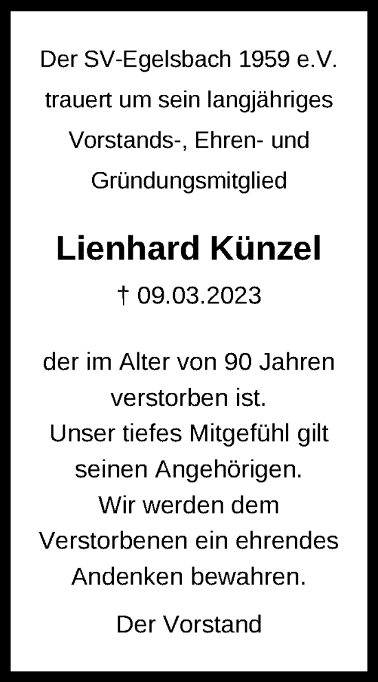 Traueranzeige von Lienhard Künzel von OF