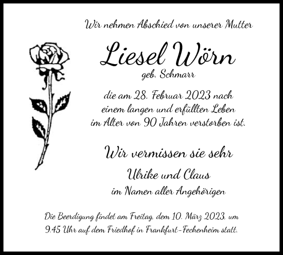 Traueranzeige von Liesel Wörn von OF