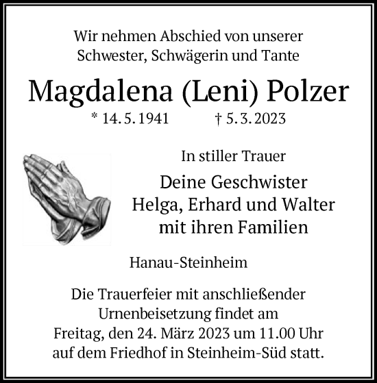 Traueranzeige von Magdalena Polzer von OF