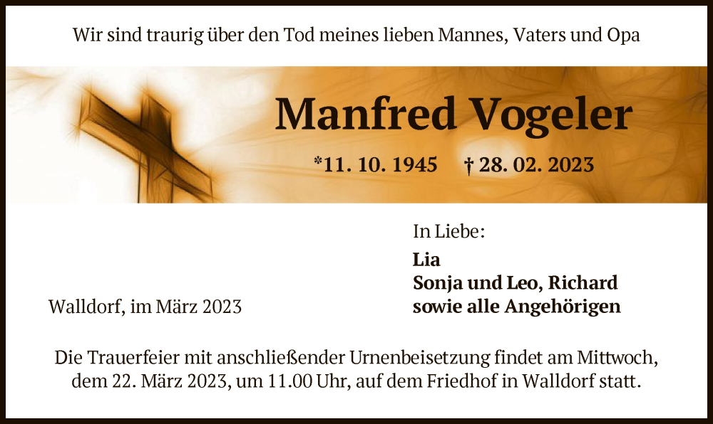  Traueranzeige für Manfred Vogeler vom 09.03.2023 aus OF
