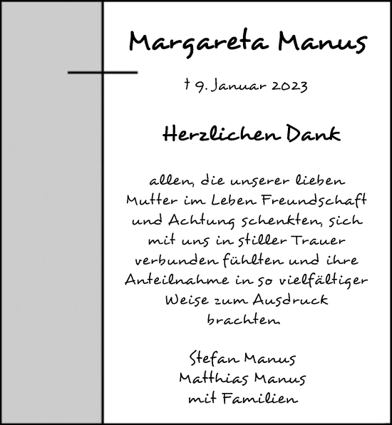 Traueranzeige von Margareta Manus von OF