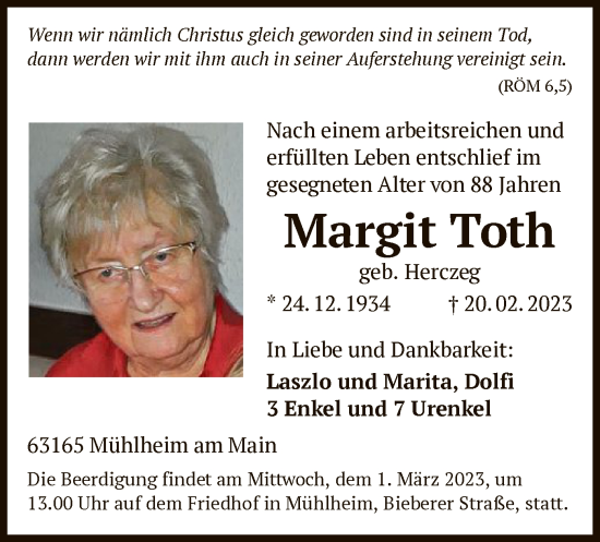 Traueranzeige von Margit Toth von OF