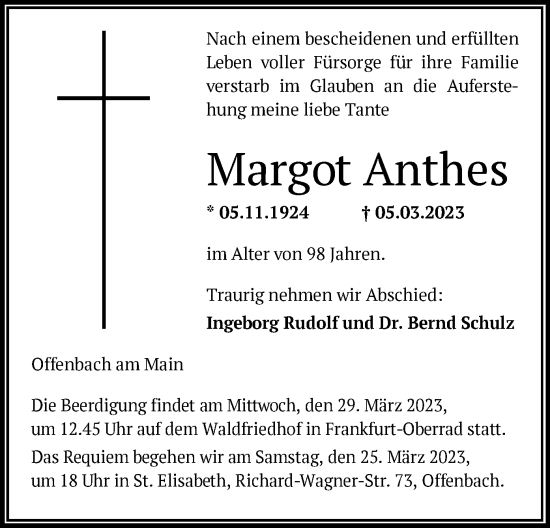 Traueranzeige von Margot Anthes von OF