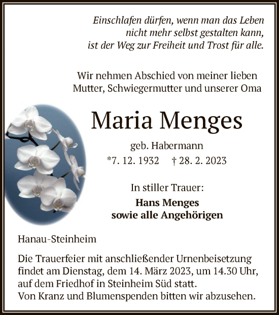 Traueranzeige von Maria Menges von OF