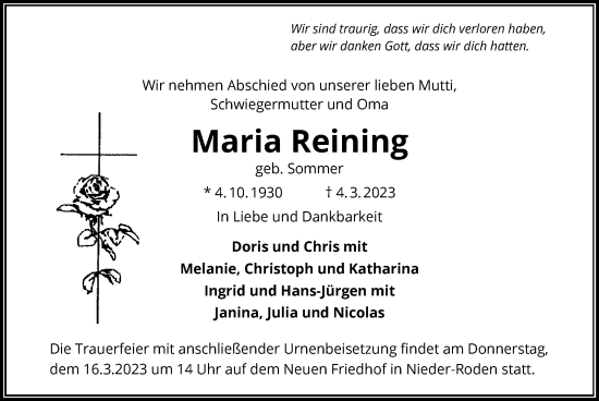 Traueranzeige von Maria Reining von OF