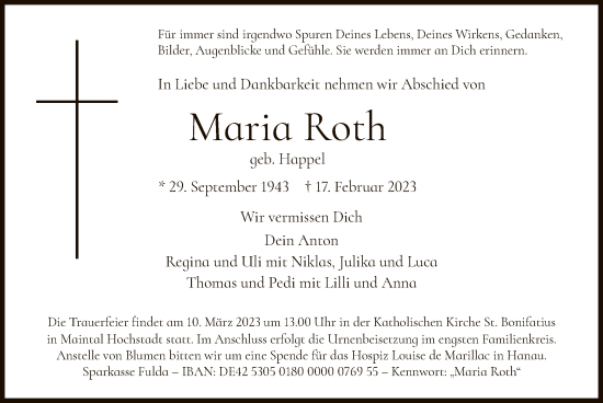 Traueranzeige von Maria Roth von OF