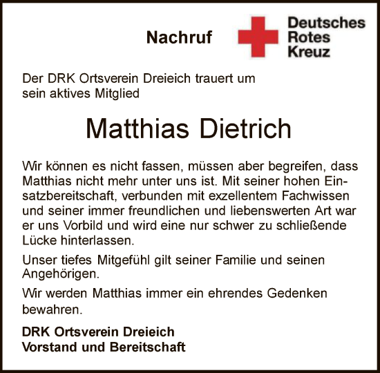 Traueranzeige von Matthias Dietrich von OF