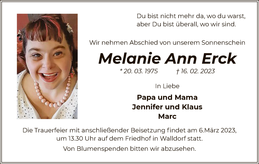  Traueranzeige für Melanie Ann Erck vom 02.03.2023 aus OF