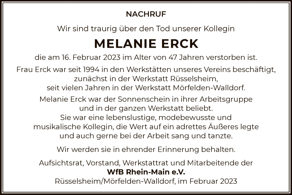  Traueranzeige für Melanie Ann Erck vom 02.03.2023 aus OF