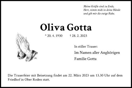 Traueranzeige von Oliva Gotta von OF