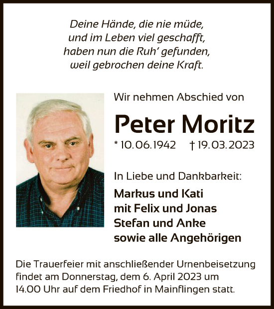 Traueranzeige von Peter Moritz von OF