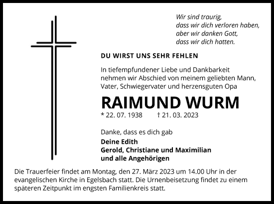 Traueranzeige von Raimund Wurm von OF