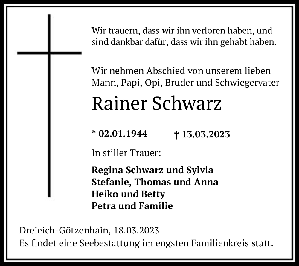  Traueranzeige für Rainer Schwarz vom 23.03.2023 aus OF