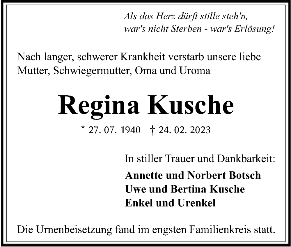  Traueranzeige für Regina Kusche vom 22.03.2023 aus OF