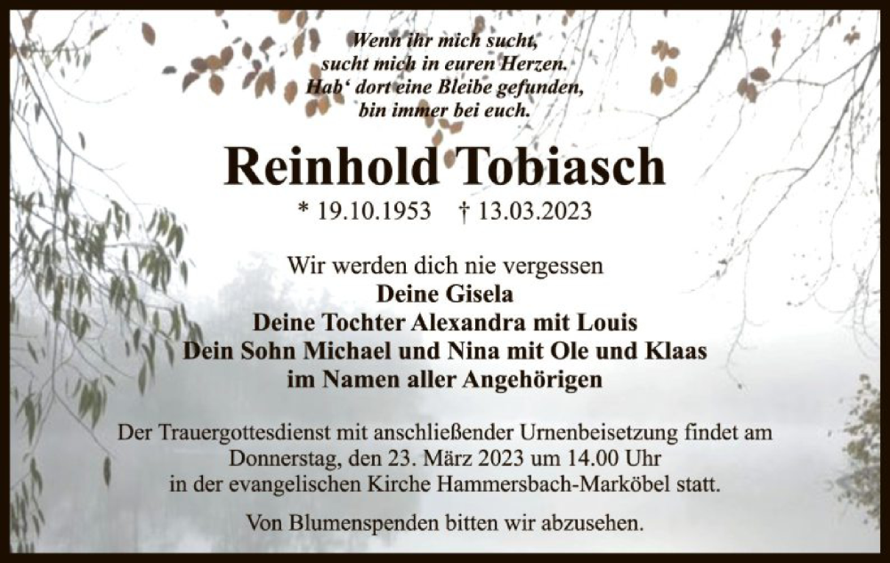  Traueranzeige für Reinhold Tobiasch vom 21.03.2023 aus OF