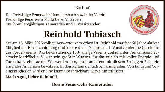 Traueranzeige von Reinhold Tobiasch von OF