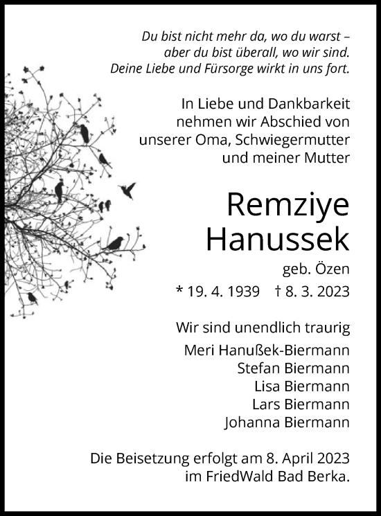 Traueranzeige von Remziye Hanussek von OF