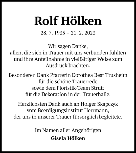 Traueranzeige von Rolf Hölken von OF