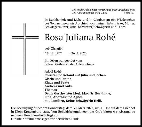 Traueranzeige von Rosa Juliana Rohe von OF