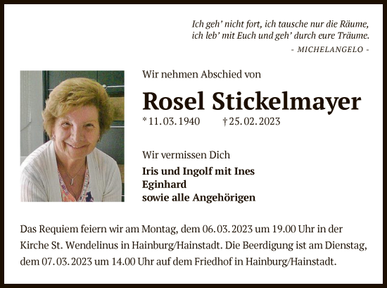 Traueranzeige von Rosel Stickelmayer von OF