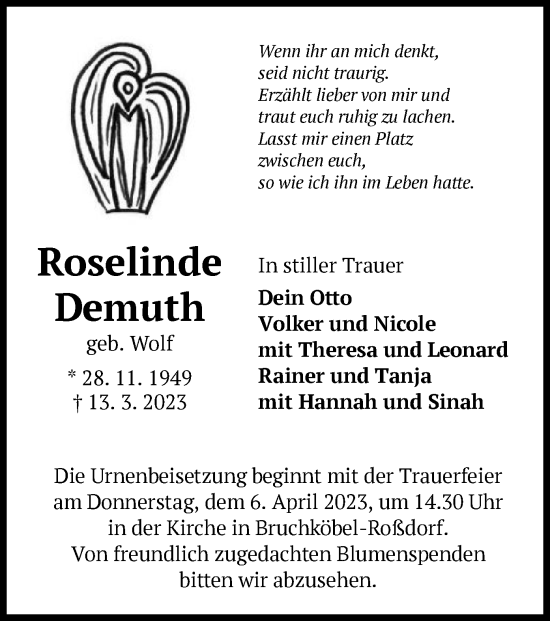 Traueranzeige von Roselinde Demuth von OF