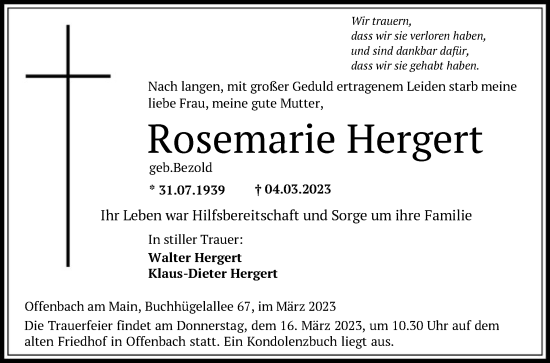 Traueranzeige von Rosemarie Hergert von OF