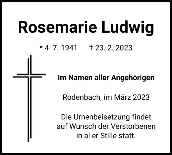 Traueranzeige von Rosemarie Ludwig von OF