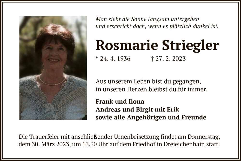  Traueranzeige für Rosmarie Striegler vom 23.03.2023 aus OF