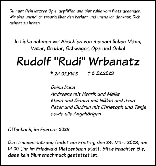 Traueranzeige von Rudolf Wrbanatz von OF