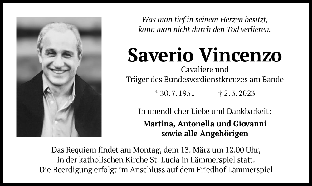  Traueranzeige für Saverio Vincenzo vom 11.03.2023 aus OF