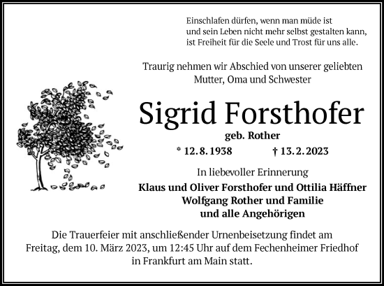 Traueranzeige von Sigrid Forsthofer von OF