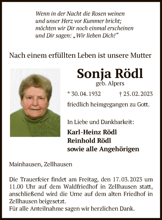 Traueranzeige von Sonja Rödl von OF