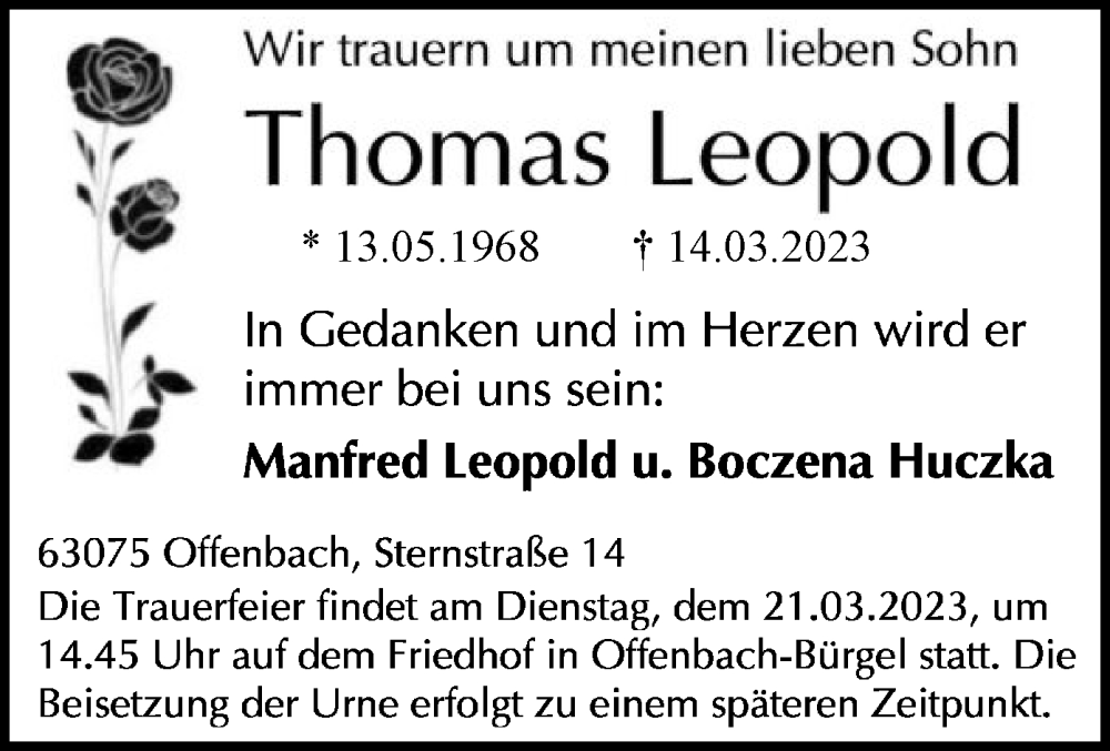  Traueranzeige für Thomas Leopold vom 18.03.2023 aus OF