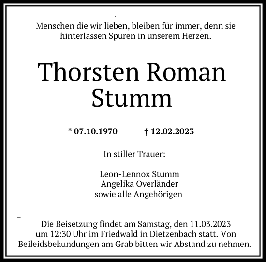 Traueranzeige von Thorsten Roman Stumm von OF