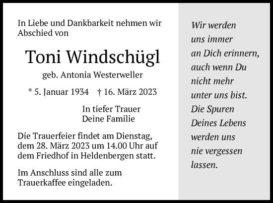 Traueranzeige von Toni Windschügl von OF