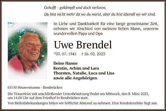 Traueranzeige von Uwe Brendel von OF