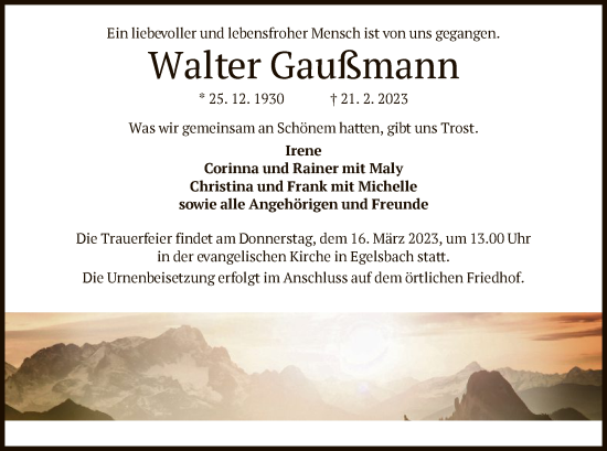 Traueranzeige von Walter Gaußmann von OF