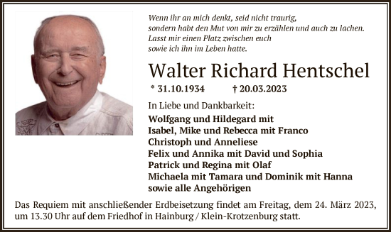 Traueranzeige von Walter Richard Hentschel von OF