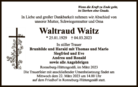 Traueranzeige von Waltraud Waitz von OF