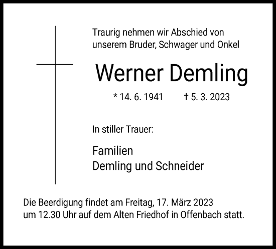 Traueranzeige von Werner Demling von OF