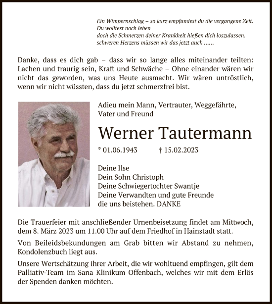 Traueranzeige von Werner Tautermann von OF