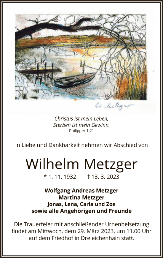 Traueranzeige von Wilhelm Metzger von OF