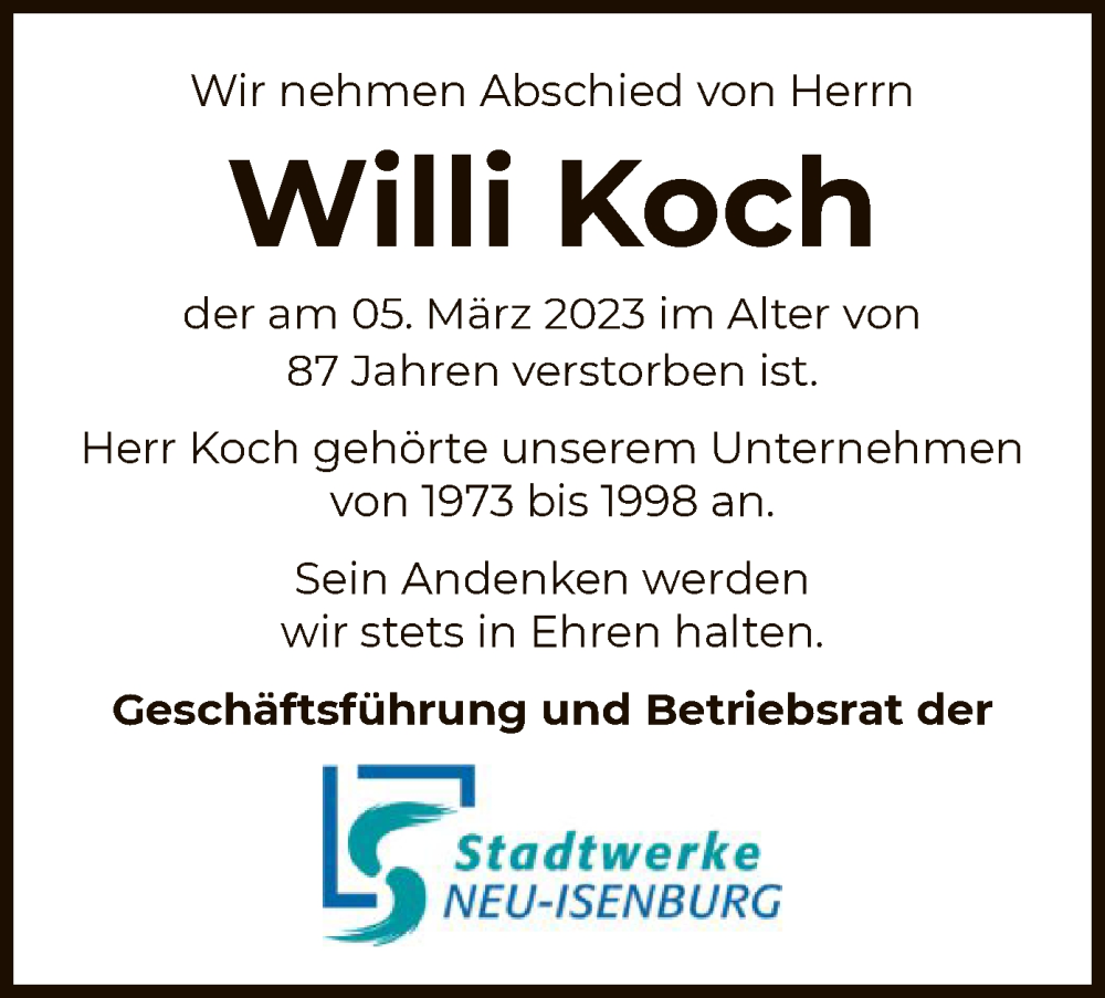  Traueranzeige für Willi Koch vom 23.03.2023 aus OF